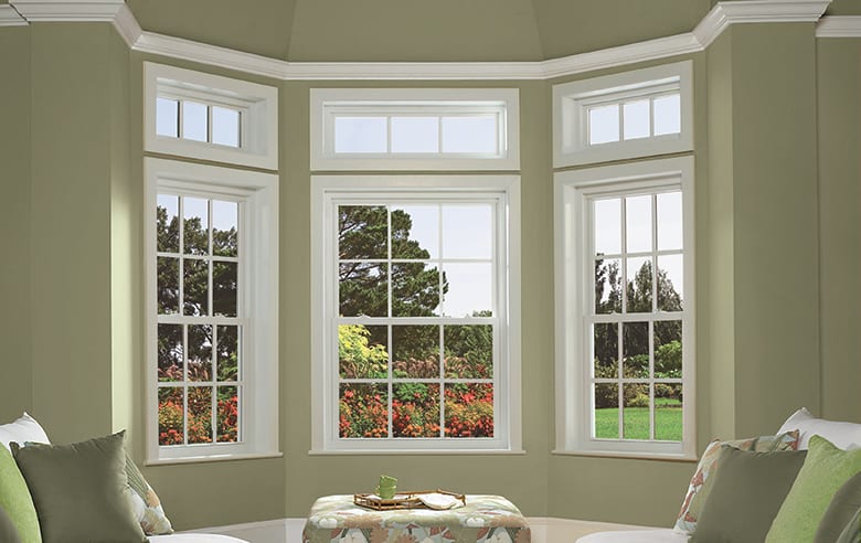 A bay window made of of three double-hung windows.